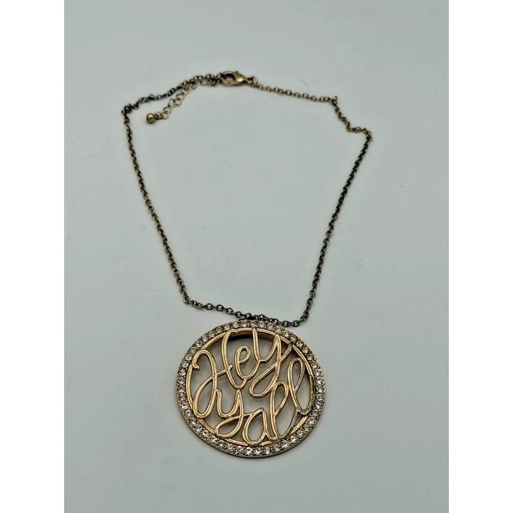 Hey Y'all Script Pendant Necklace Rhinestone Circle Gold Tone Southern Phrase